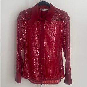 NWT Zara Red Sequin Button Down Shirt